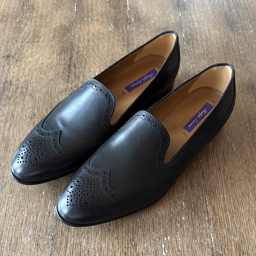 Ralph Lauren Collection Black Leather Loafers with Textured Upper